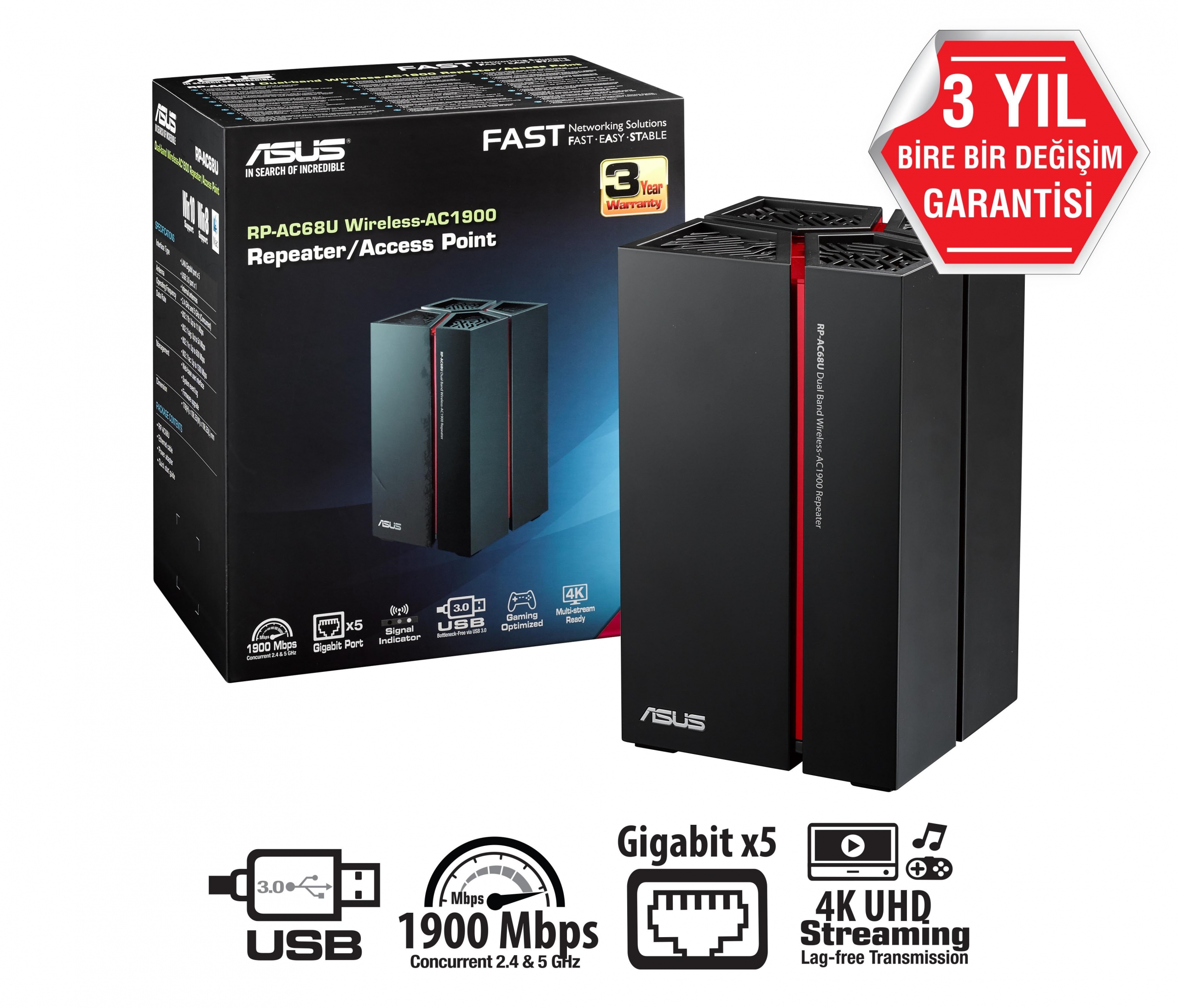 ASUS -RP-AC68U RP-AC68U AC1900 USB 3.0 Kablosuz Menzil Arttırıcı