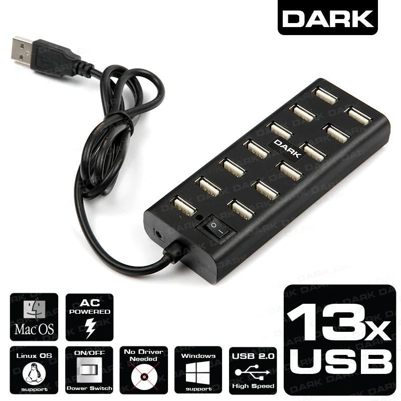 DARK DK-AC-USB213 Connect Master U13 Açma Kapama Düğmeli, 5V Adaptörlü 13 Port USB 2.0 Hub