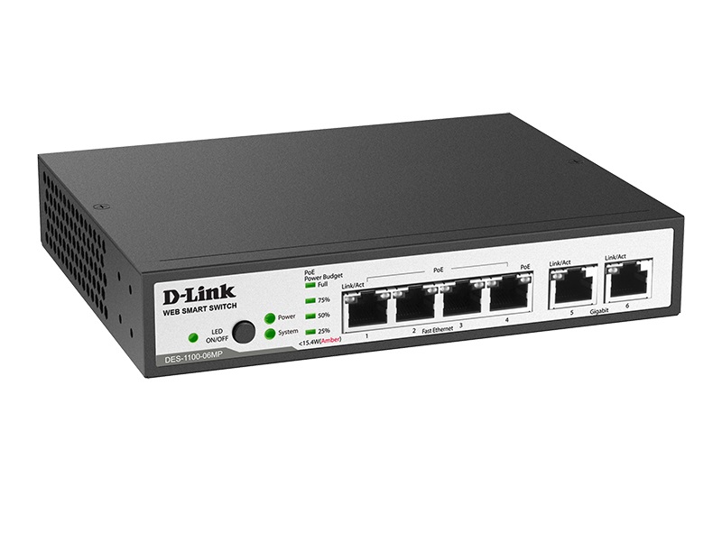 D-LINK DES-1100-06MP/A1A 4 10/100BASE-TX POE PORT + 2 10/100/1000BASE-T PORT METRO ETHERNET SWITCH