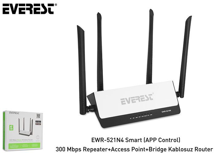 EVEREST Smart (APP Control) 300 Mbps Repeater+Access Point+Bridge Kablosuz Router EWR-521N4